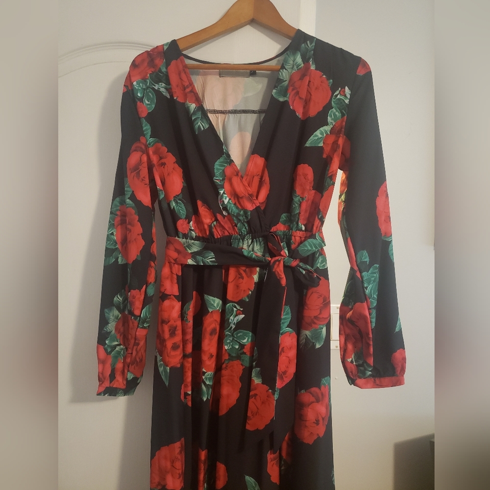 Floral Black and Red Wrap Dress